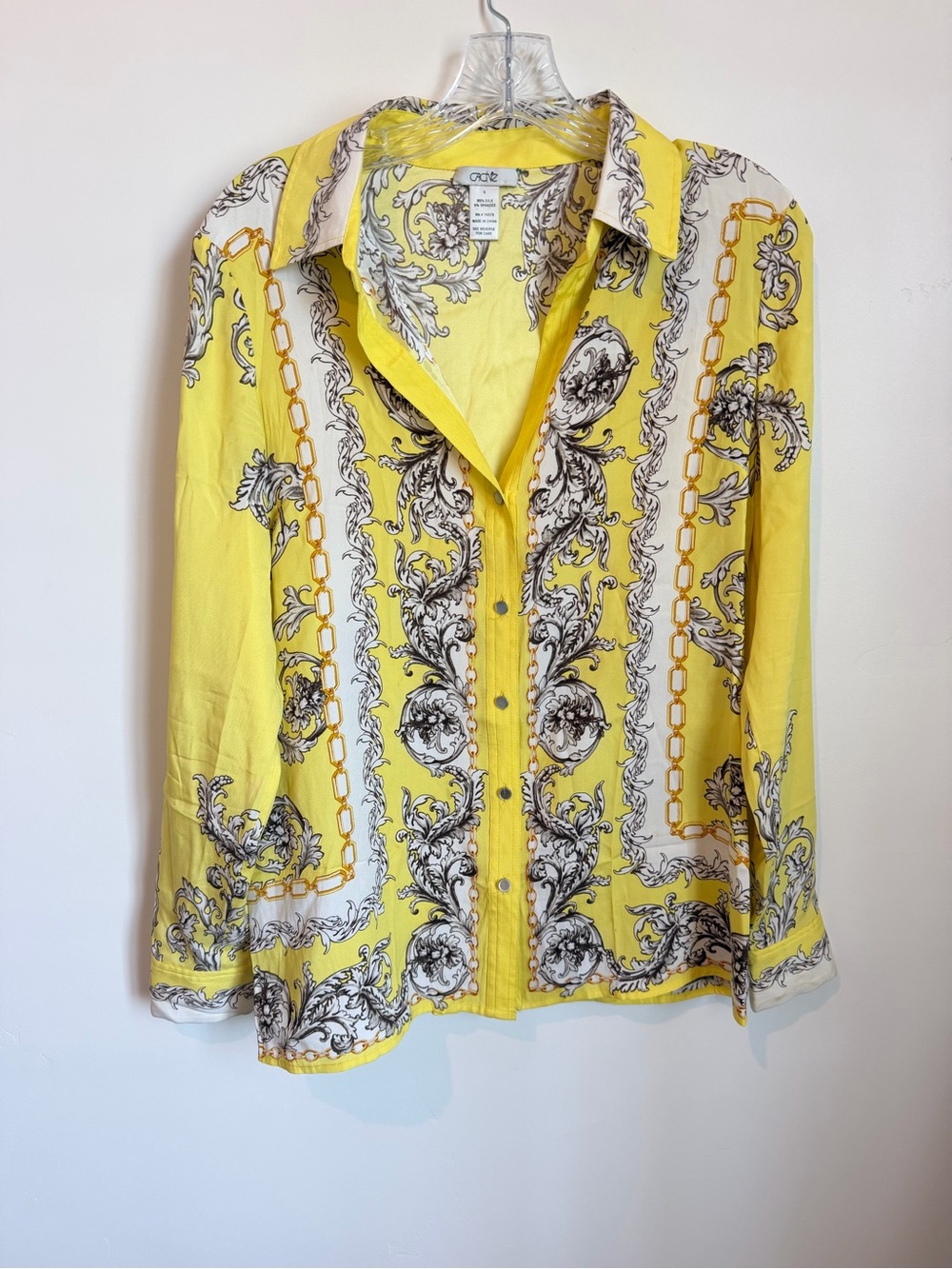 Bright Yellow Silk Ornate Button-Up Shirt by Cache